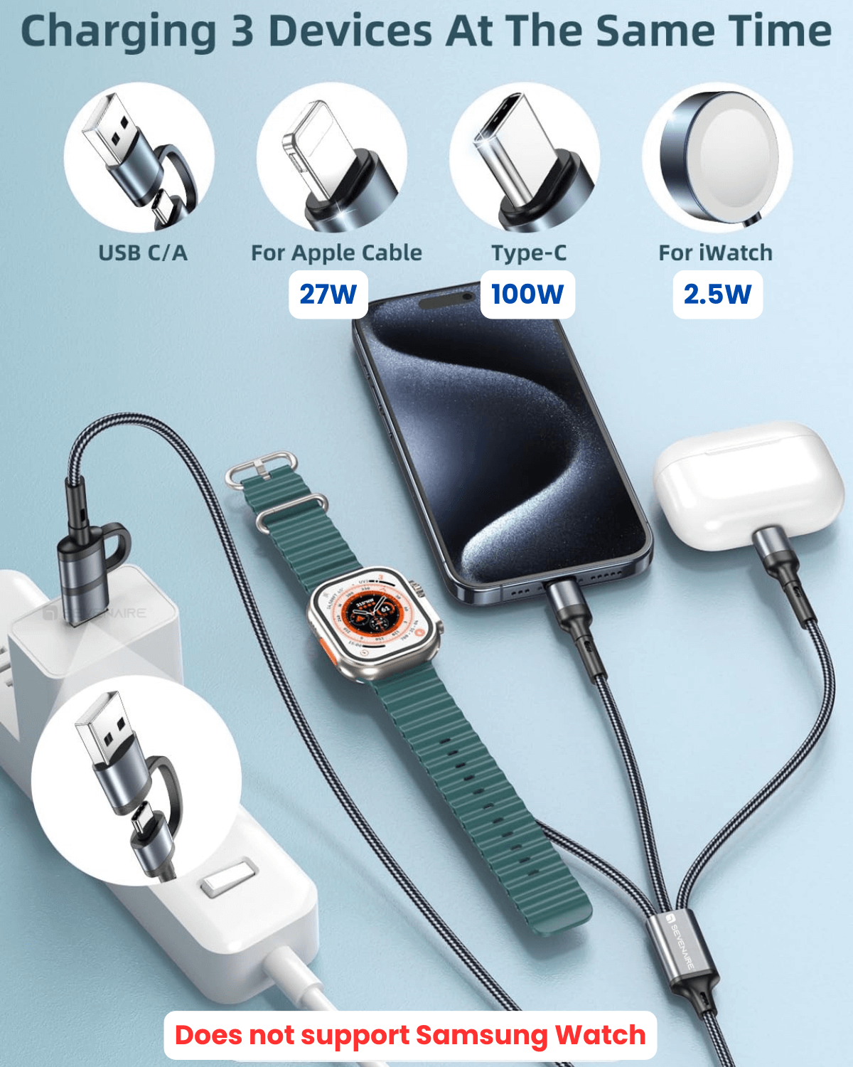 3 in 2 Charging Cable for Apple Watch Charger, 100W PD cable