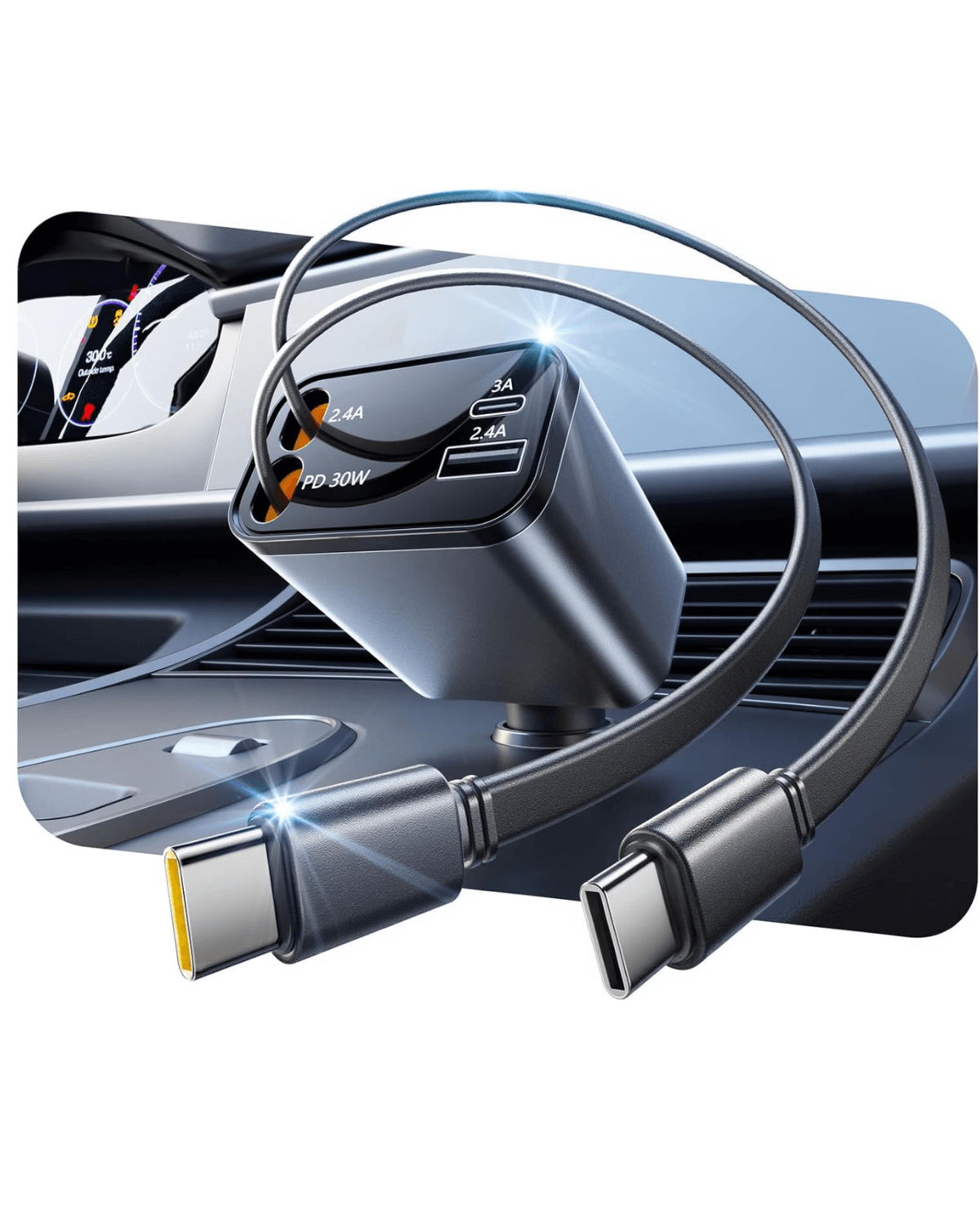 Retractable Car Charger, 69W 4 in 1 Superfast Car Charger, Type C & USB Charging Ports