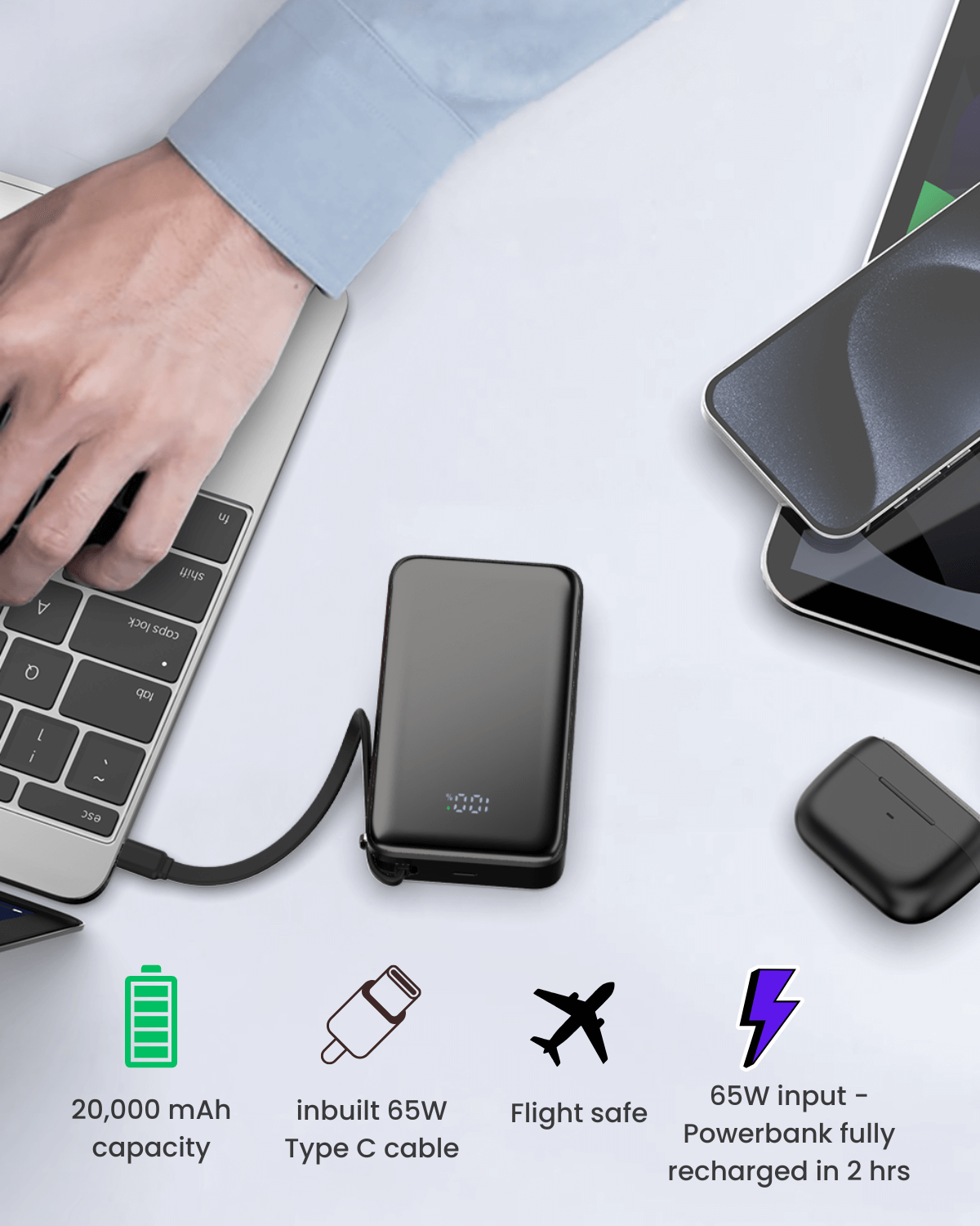 65W 20000mAh Laptop Powerbank, with Built-in 65W Type-C Cable (LP65)