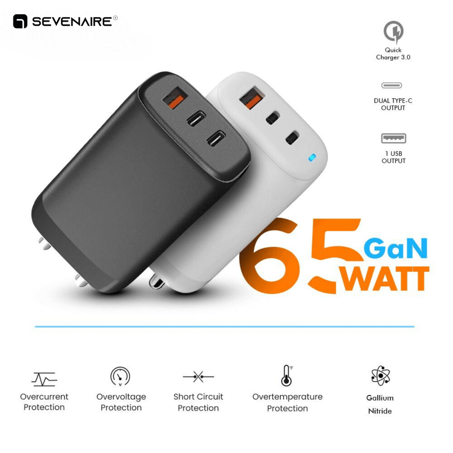 65W GaN Adapter| 3-Port Output (2 Type C & 1 USB A) Compatible with Phone/ Laptop