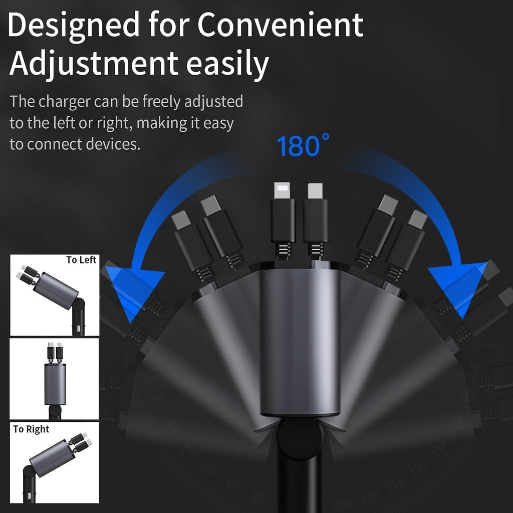 Retractable Car Charger, 120W 4 in 1 Superfast Car Charger, Type C & USB Charging Ports