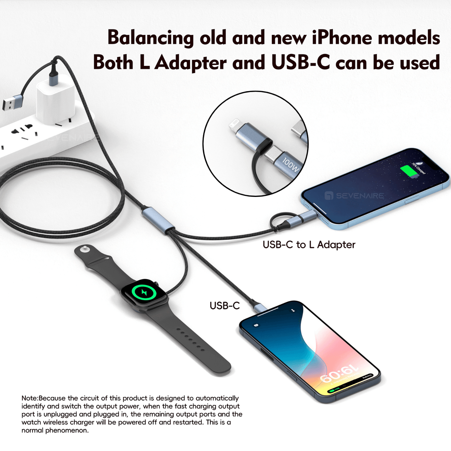 5 in 2 Charging Cable for Apple Watch/ Samsung Watch, 100W PD cable