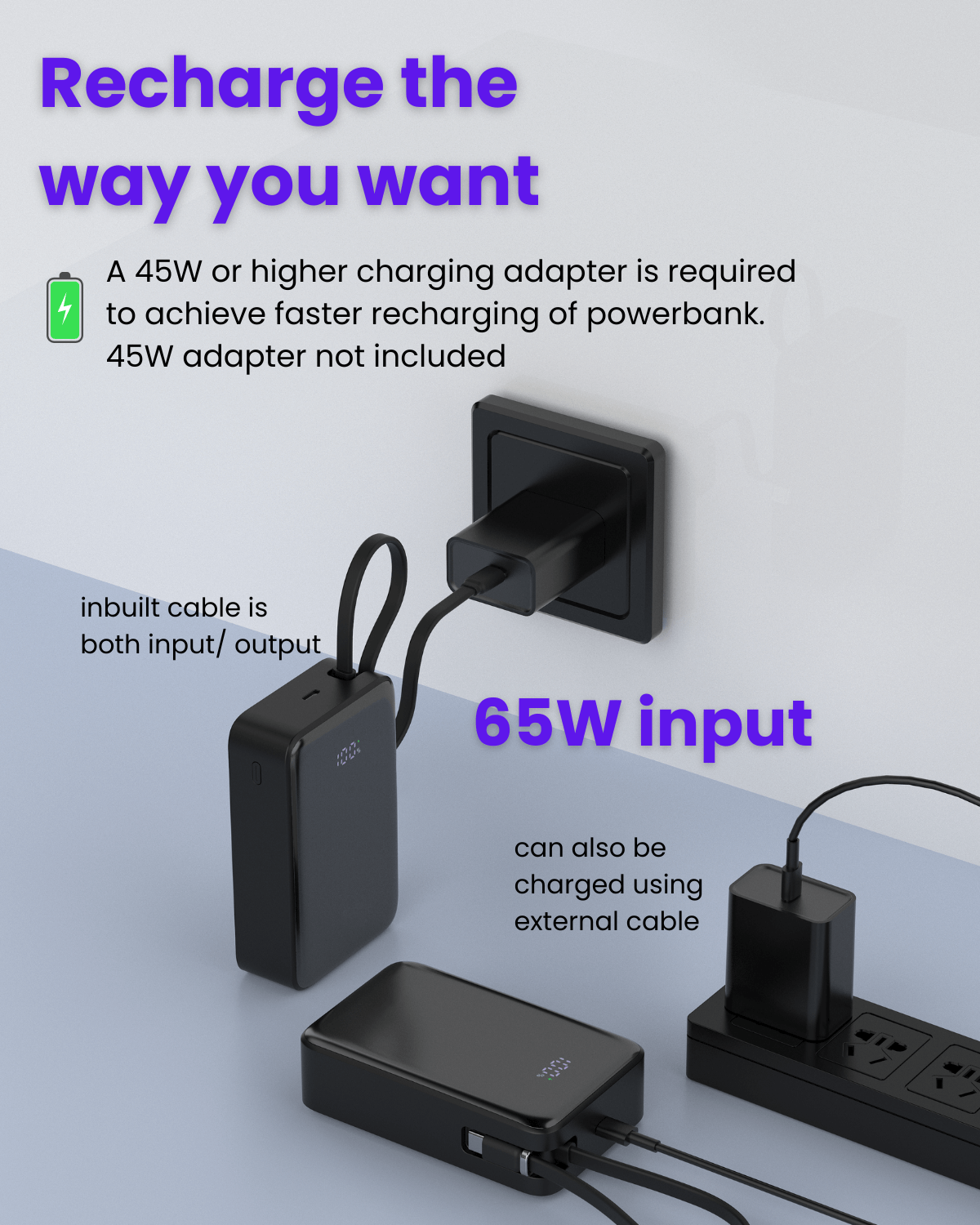 65W 20000mAh Laptop Powerbank, with Built-in 65W Type-C Cable (LP65)