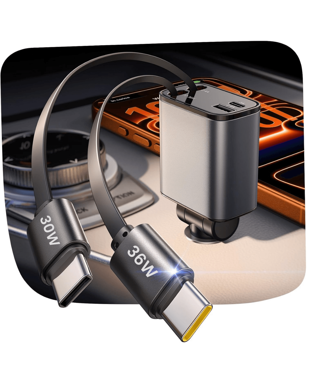 Retractable Car Charger [Ultra-Compact], 93W 4 in 1 Car Charger with Dual USB C cables 36W + 30W
