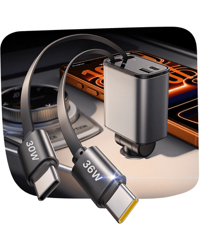Retractable Car Charger [Ultra-Compact], 93W 4 in 1 Car Charger with Dual USB C cables 36W + 30W
