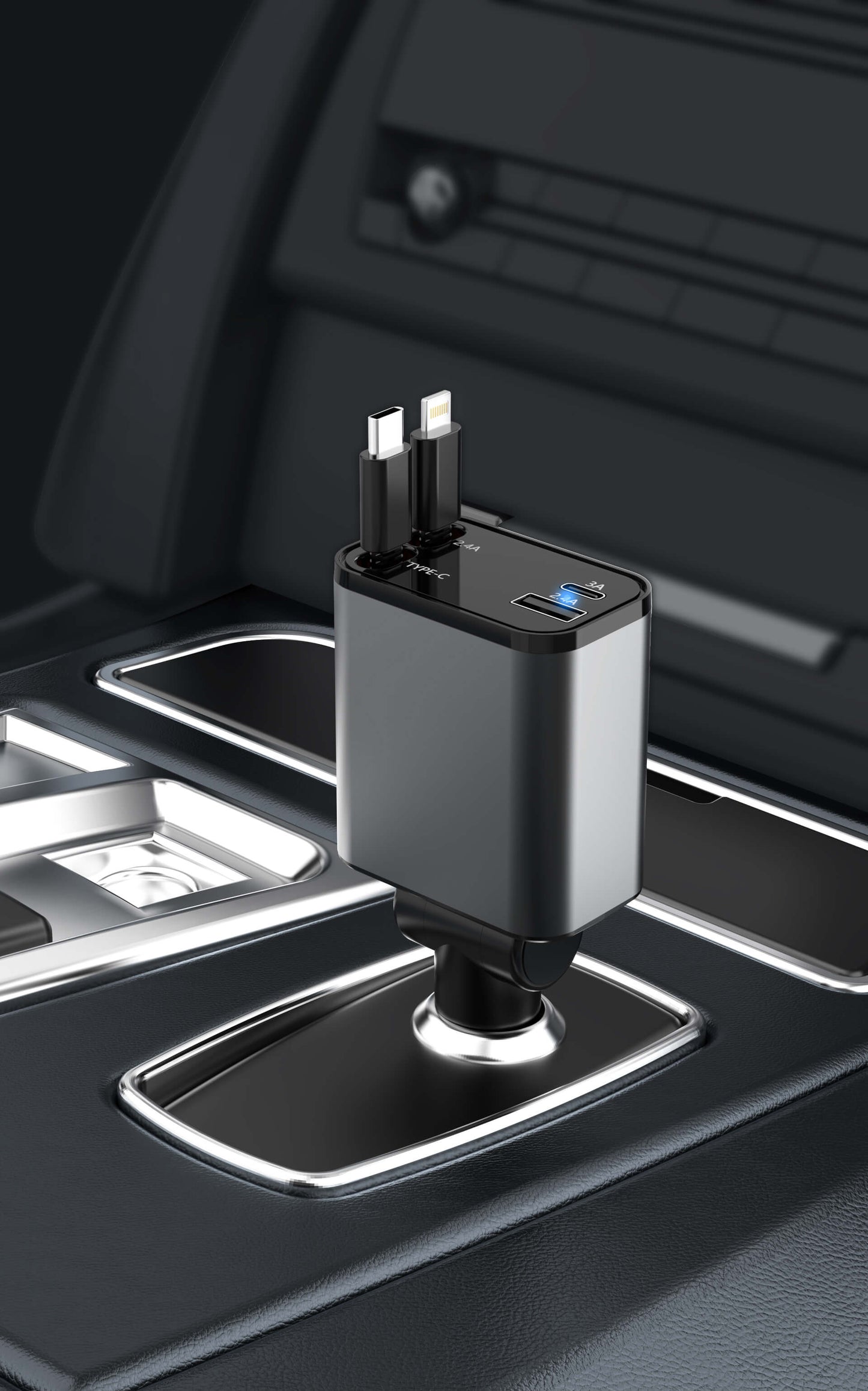 Retractable Car Charger, 120W 4 in 1 Superfast Car Charger, Type C & USB Charging Ports