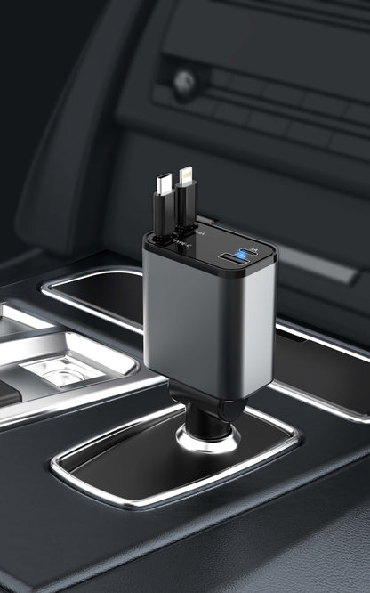 Retractable Car Charger, 120W 4 in 1 Superfast Car Charger, Type C & USB Charging Ports