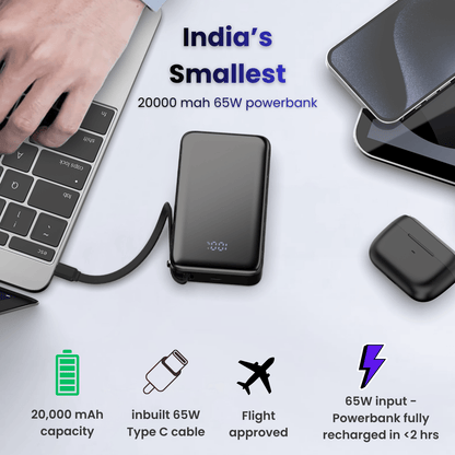 65W 20,000mAh Laptop Powerbank, with Built-in 65W Type-C Cable (LP65)