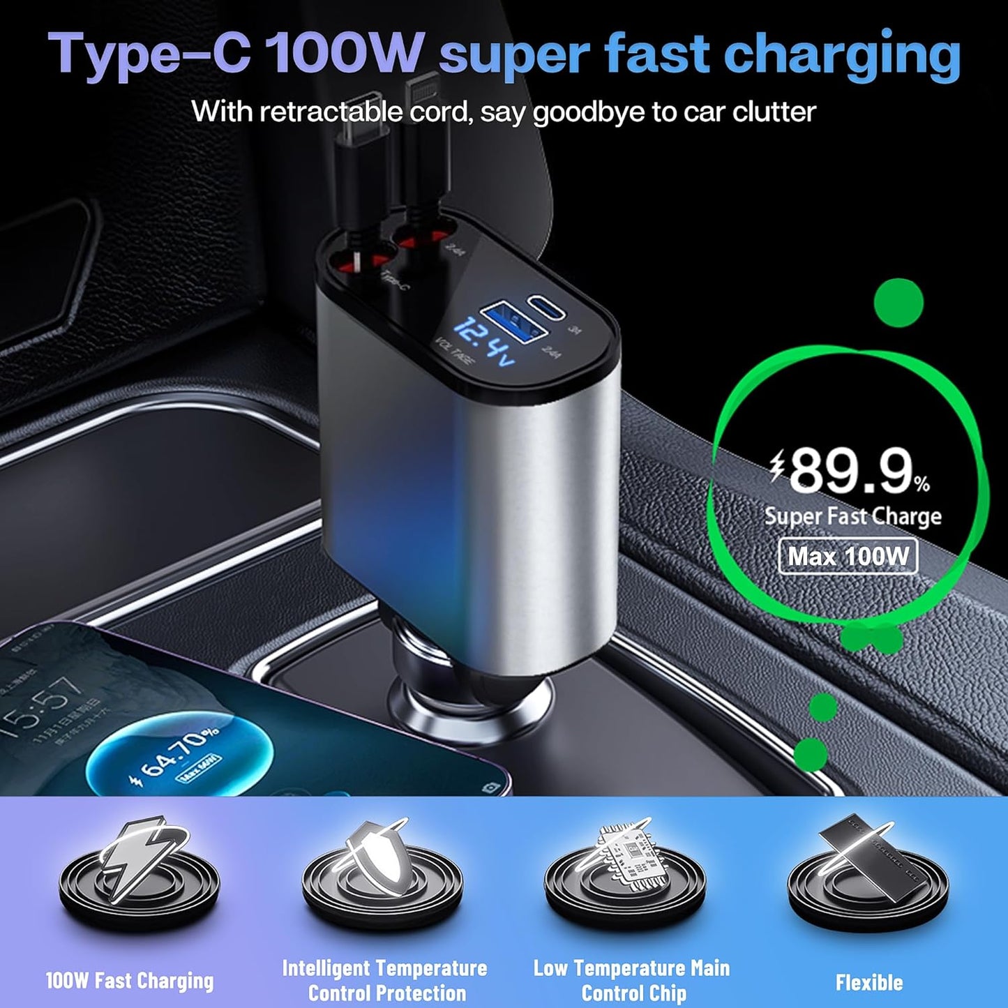 Retractable Car Charger, 120W 4 in 1 Superfast Car Charger, Type C & USB Charging Ports