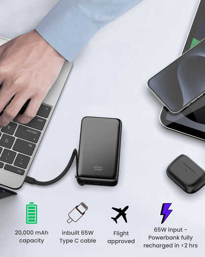 65W 20000mAh Laptop Powerbank, with Built-in 65W Type-C Cable (LP65)