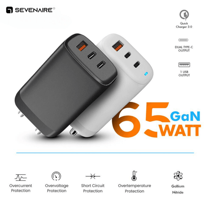 65W GaN Adapter| 3-Port Output (2 Type C & 1 USB A) Compatible with Phone/ Laptop