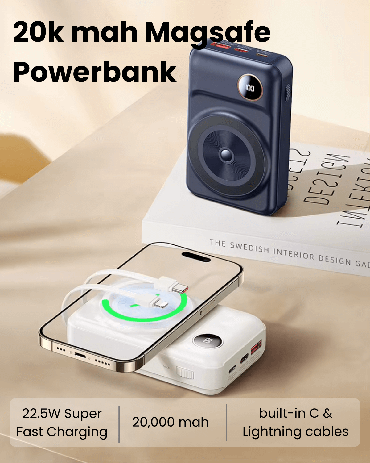 20000 mAh Magsafe Powerbank | with Built-in Type C and Lightning Cables (P210)