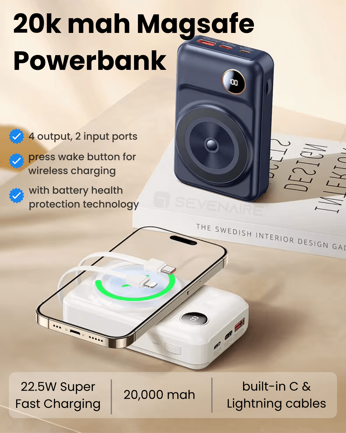 20000 mAh Magsafe Powerbank | with Built-in Type C and Lightning Cables (P210)