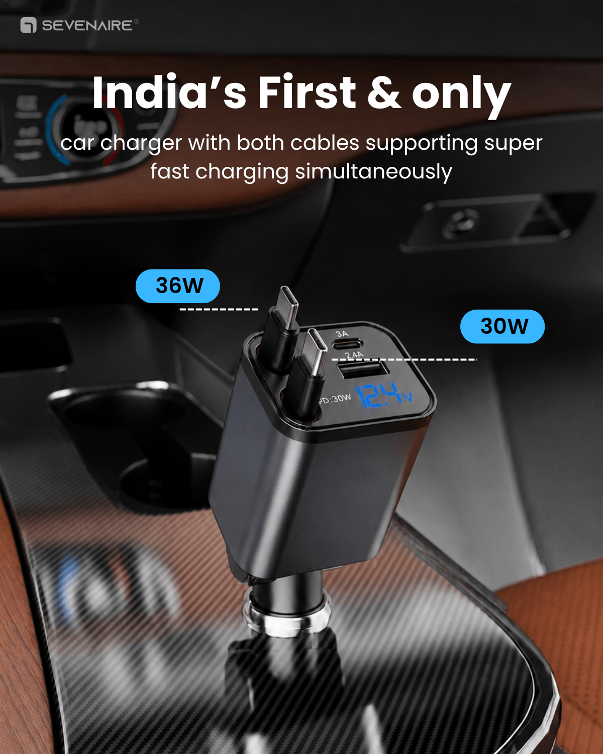 Retractable Car Charger [Ultra-Compact], 93W 4 in 1 Car Charger with Dual USB C cables 36W + 30W
