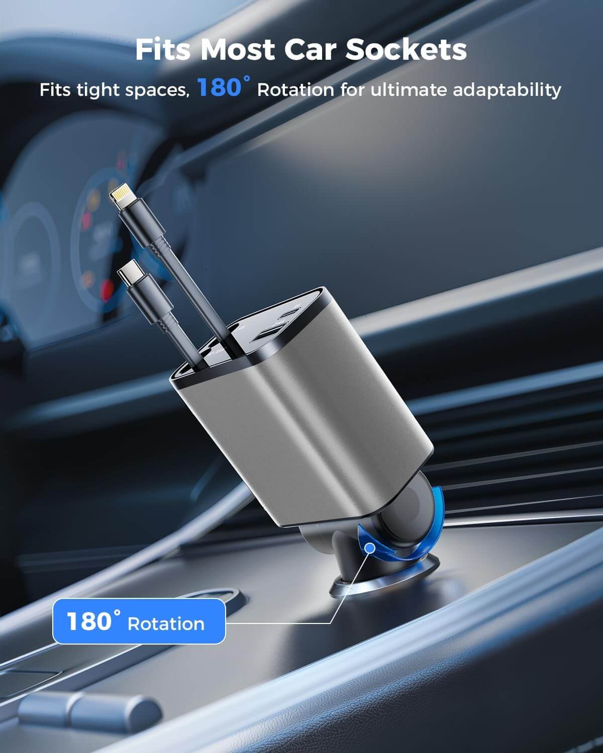 Retractable Car Charger, 120W 4 in 1 Superfast Car Charger, Type C & USB Charging Ports