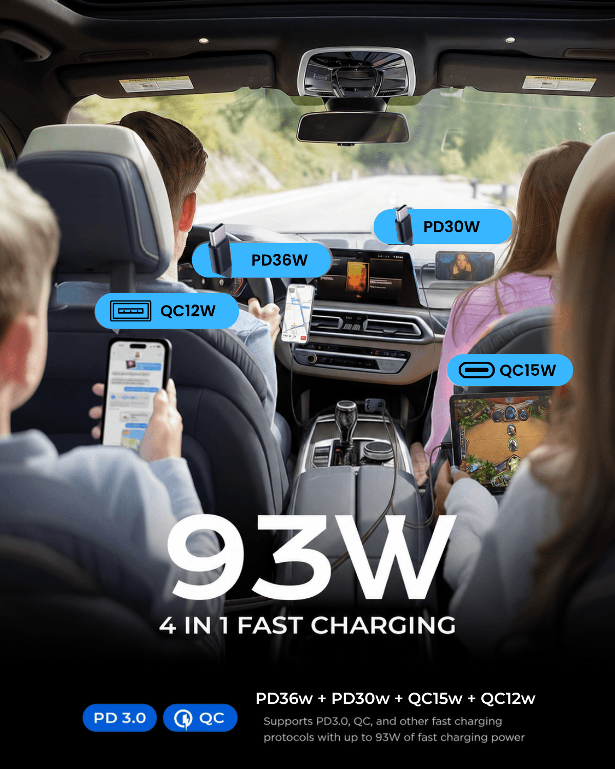 Retractable Car Charger [Ultra-Compact], 93W 4 in 1 Car Charger with Dual USB C cables 36W + 30W