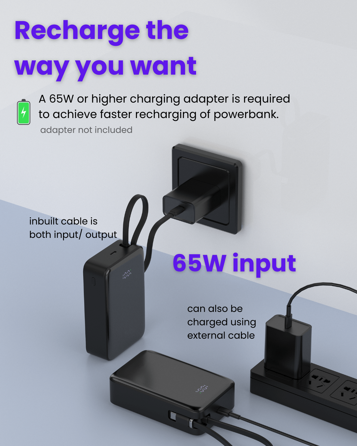 65W 20000mAh Laptop Powerbank, with Built-in 65W Type-C Cable (LP65)