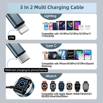 3 in 2 Charging Cable for Apple Watch Charger, 100W PD cable