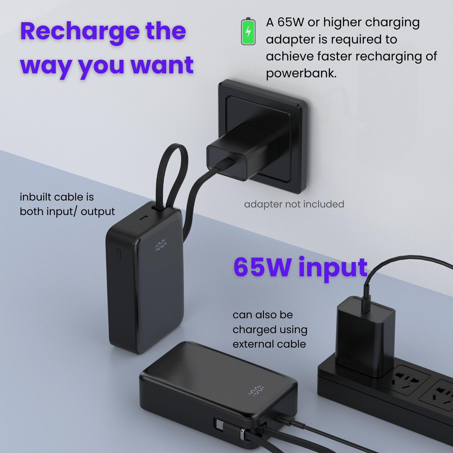 65W 20,000mAh Laptop Powerbank, with Built-in 65W Type-C Cable (LP65)