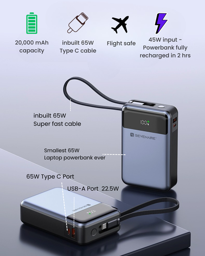 65W 20000mAh Laptop Powerbank, with Built-in 65W Type-C Cable (LP65)