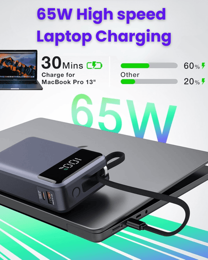 65W 20000mAh Laptop Powerbank, with Built-in 65W Type-C Cable (LP65)
