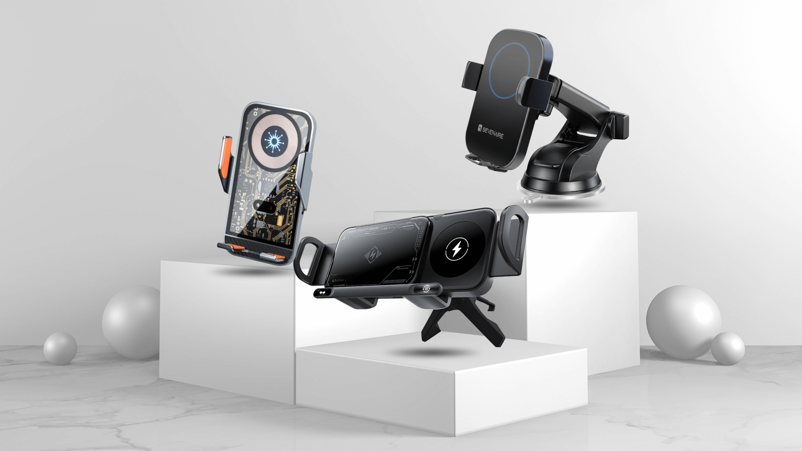 Smartphone with multiple car mount devices on a white background