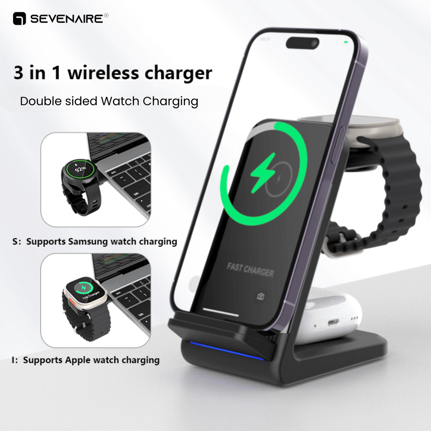 3-in-1 Wireless Charger for Apple, Samsung (D3000)
