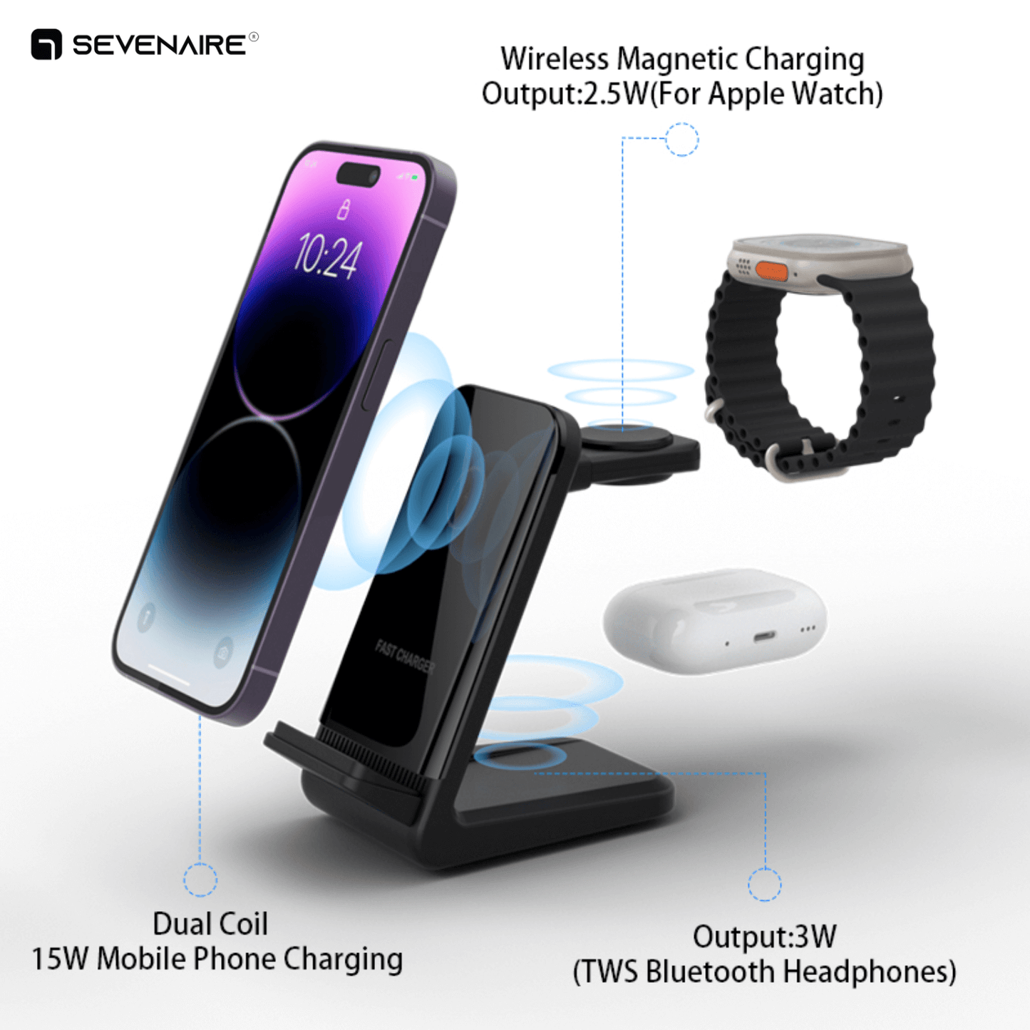 3-in-1 Wireless Charger for Apple, Samsung (D3000)